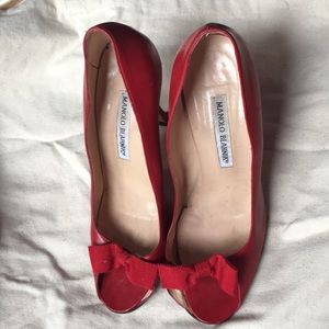 Manolo Blahnik red leather opened toe heels